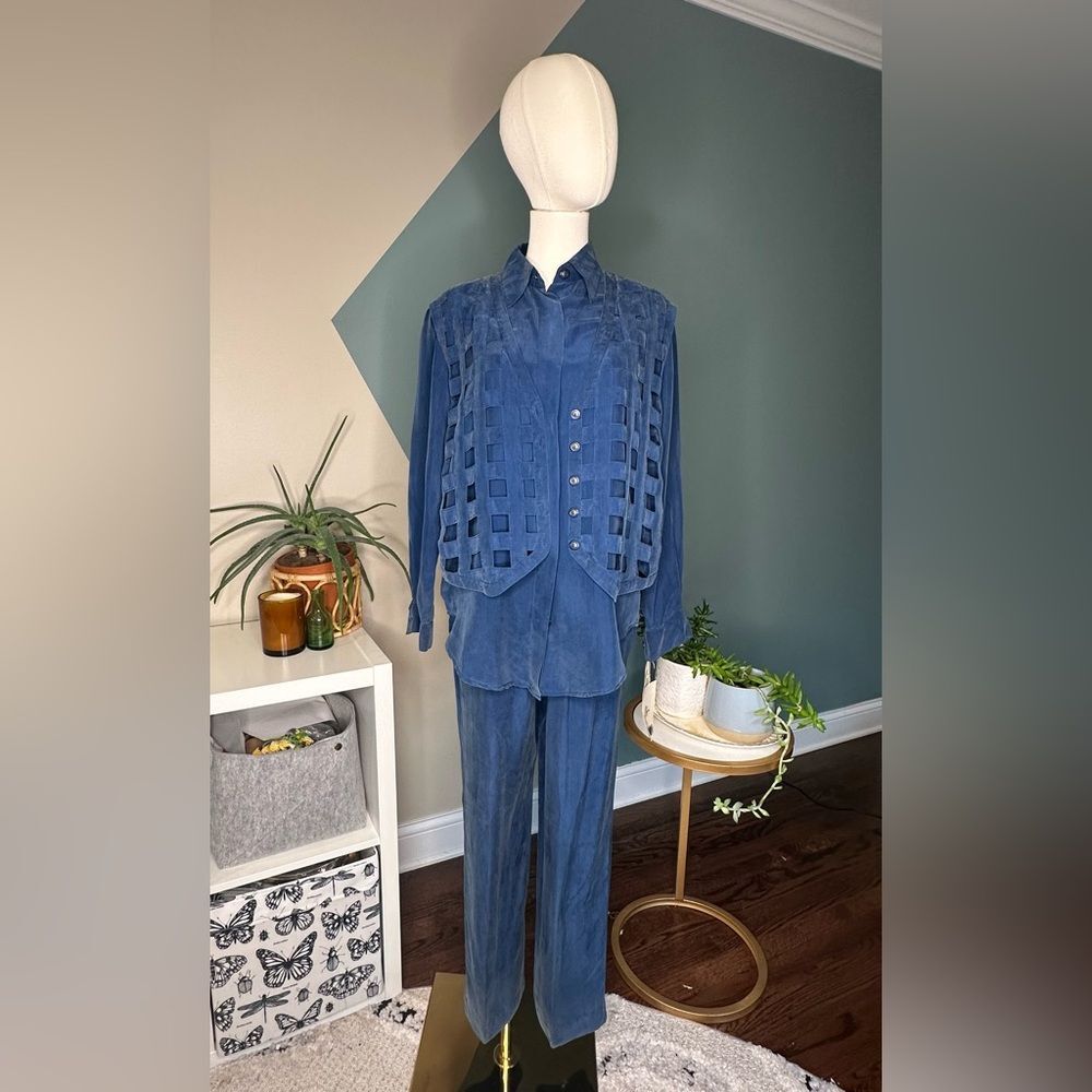 Vintage 90s Fiji Petite Silk Loungewear Set 2-Piece Blue Drawstring Pants S/XS - Picture 2 of 16
